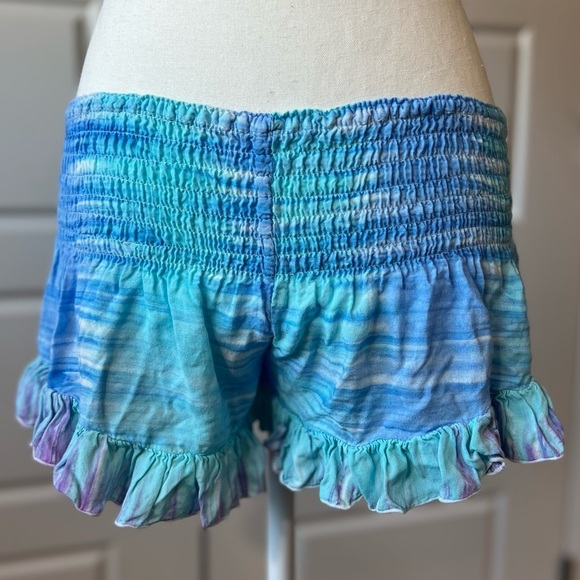 Buddha Sayulita Ruffle Tie Dye Shorts Smocked Waist Blue Turquoise Boho Beach OS - Picture 1 of 8